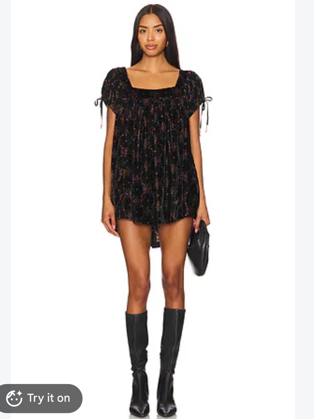 Free People floral print velvet puff sleeve tunic mini dress Size L black